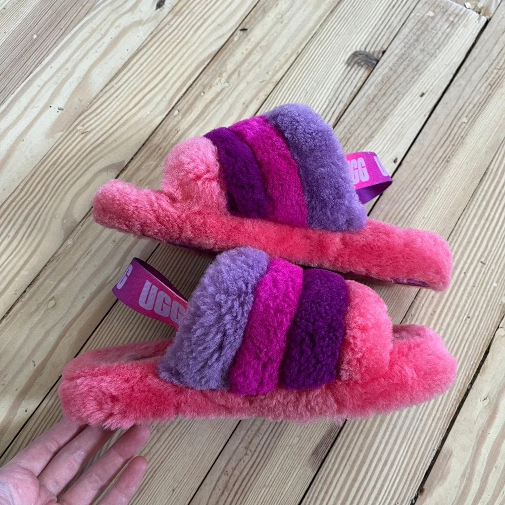 UGG Fluff Yeah Slide Pink Purple Striped Sheepskin Slingback Sandals Kids Size 2