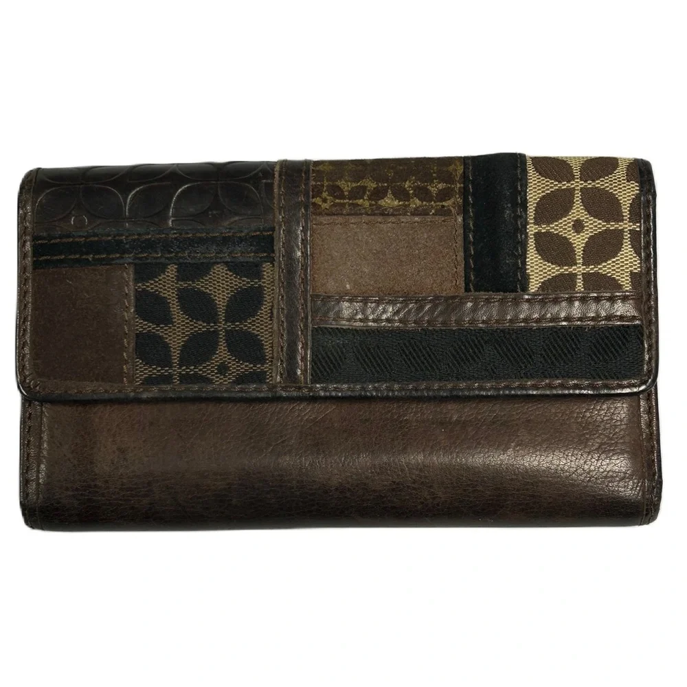 Vntg Fossil Wallet Card Holder Leather Trifold Coin Zip Classic Brown‎ Classic