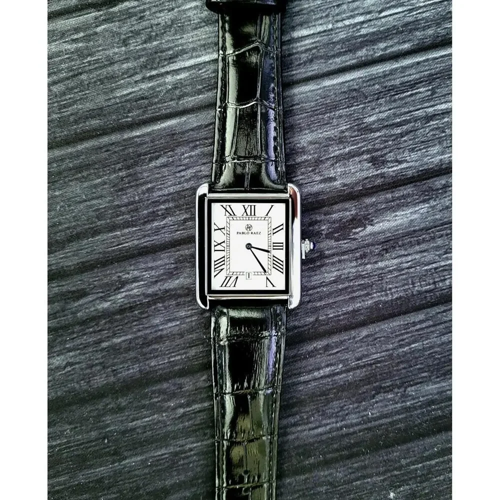 Pablo Raez Mens Silver‎ Tank Swiss Style Watch 40mm Large