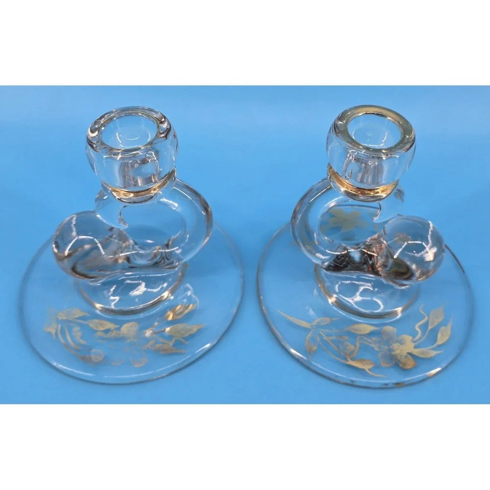Set of 2 Vtg Paden City Comet Candlestick Holders Glass Gold Floral‎ 1940's
