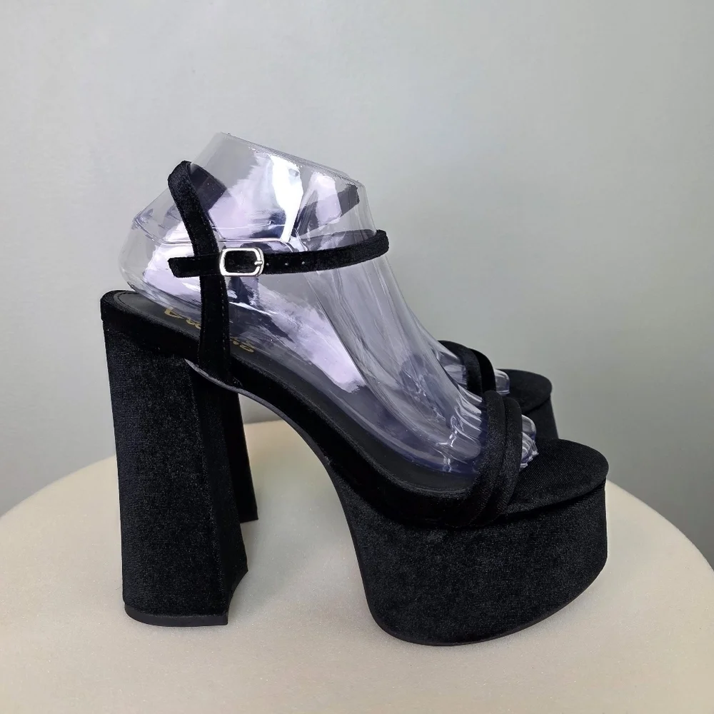 Lulus Serenitie Black Velvet Platform High Heel Chunky Bold Sandals, Size 7.5