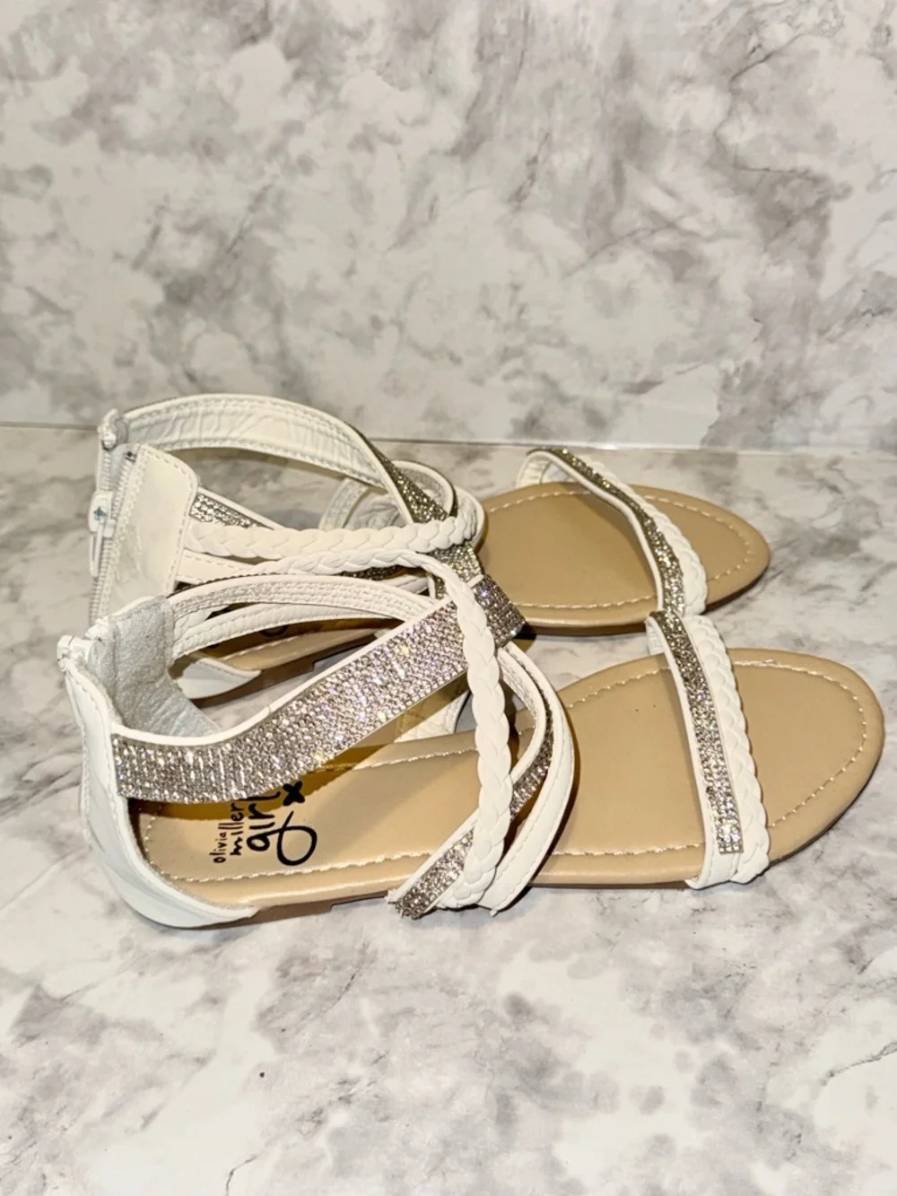 Olivia Miller White Braided Sandals w/ Rhinestones 2Y