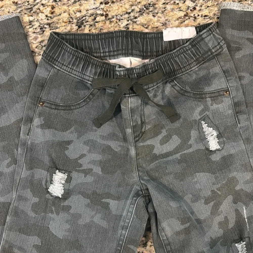 Justice Gray Camouflage Kids Jeans jeggings soft comfy stretchy tie waist sz 10