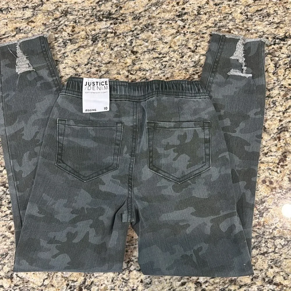 Justice Gray Camouflage Kids Jeans jeggings soft comfy stretchy tie waist sz 10