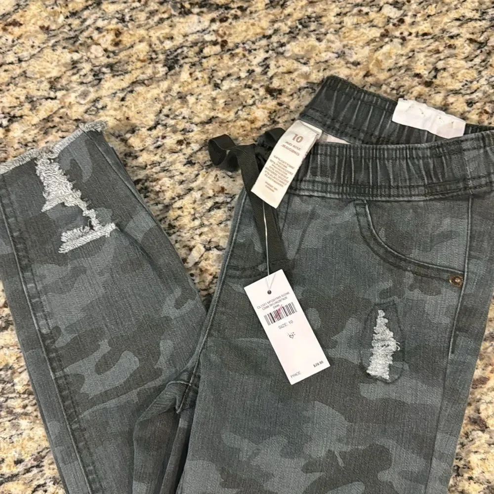 Justice Gray Camouflage Kids Jeans jeggings soft comfy stretchy tie waist sz 10