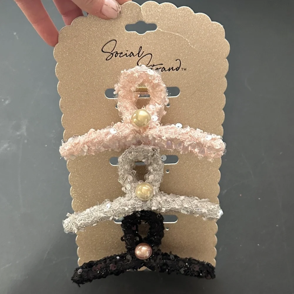 Social strand set of 3 cloth sequins hair claw clips