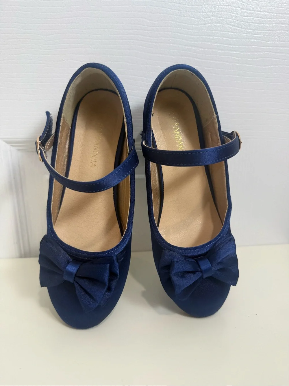 Panda Ninja Girls Navy Blue Satin Bow Mary Jane Dress Shoes Low Heel Size 2