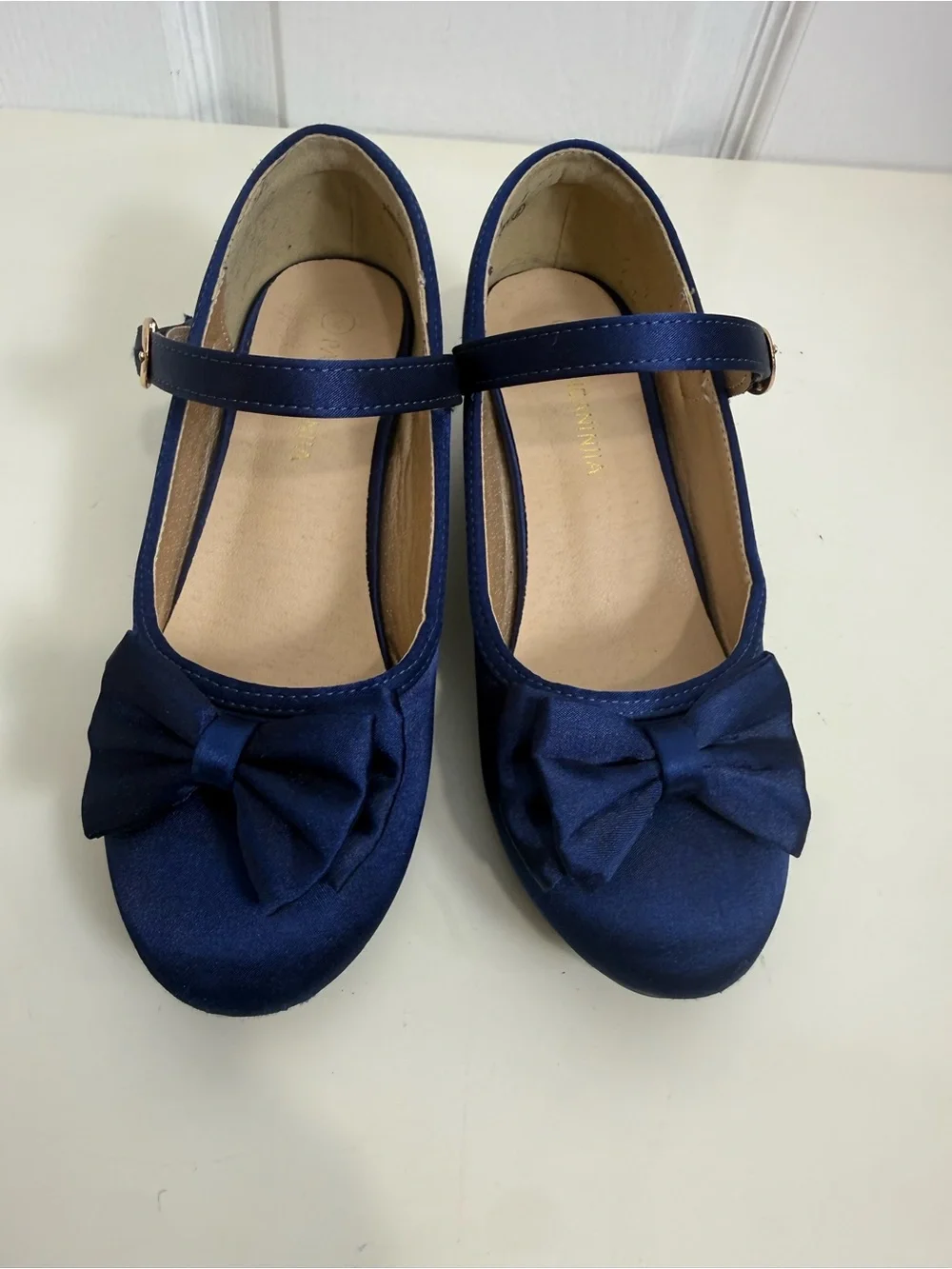 Panda Ninja Girls Navy Blue Satin Bow Mary Jane Dress Shoes Low Heel Size 2