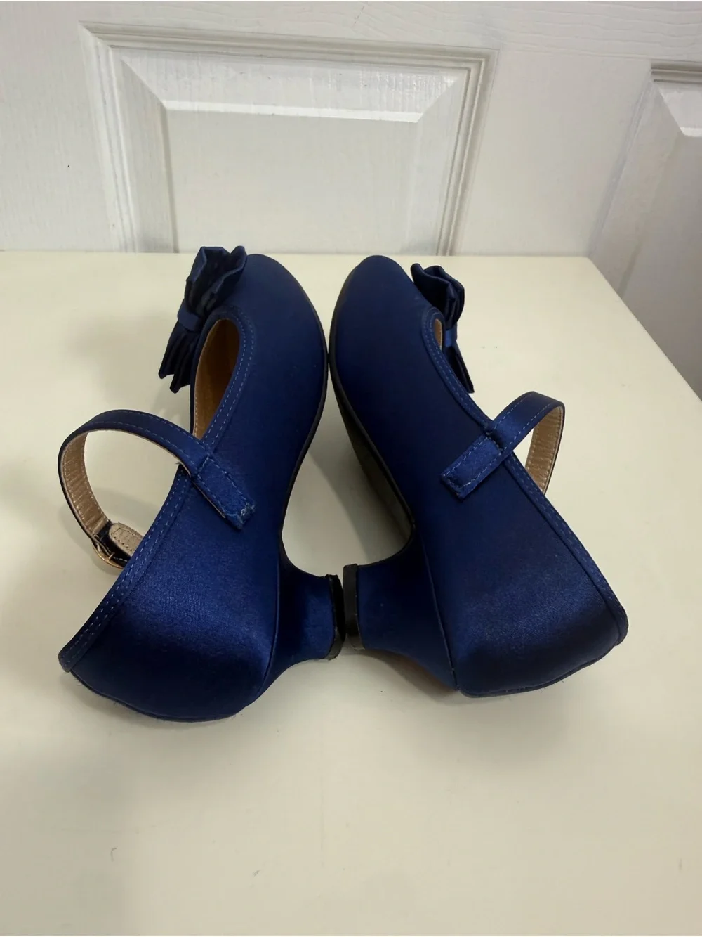 Panda Ninja Girls Navy Blue Satin Bow Mary Jane Dress Shoes Low Heel Size 2