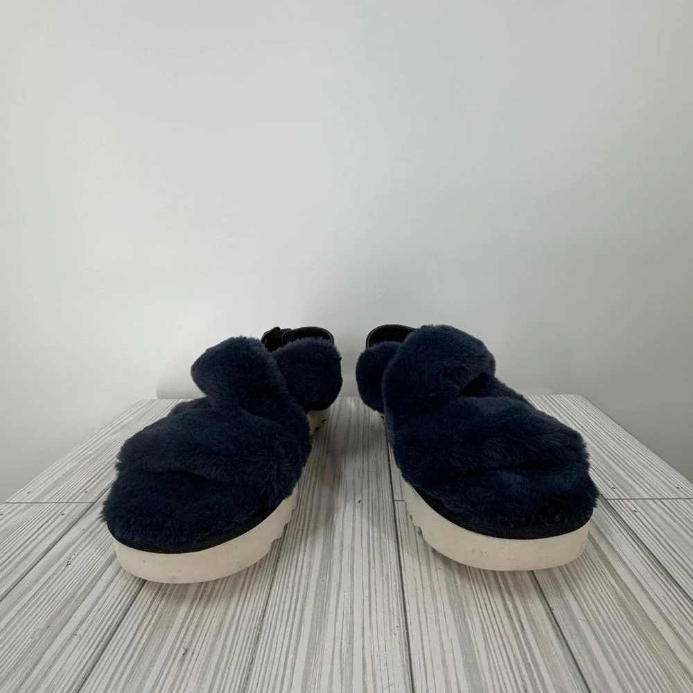 Koolaburra by‎ UGG Furr-Ah Navy Blue Faux Fur Slingback Platform Sandals Size 9