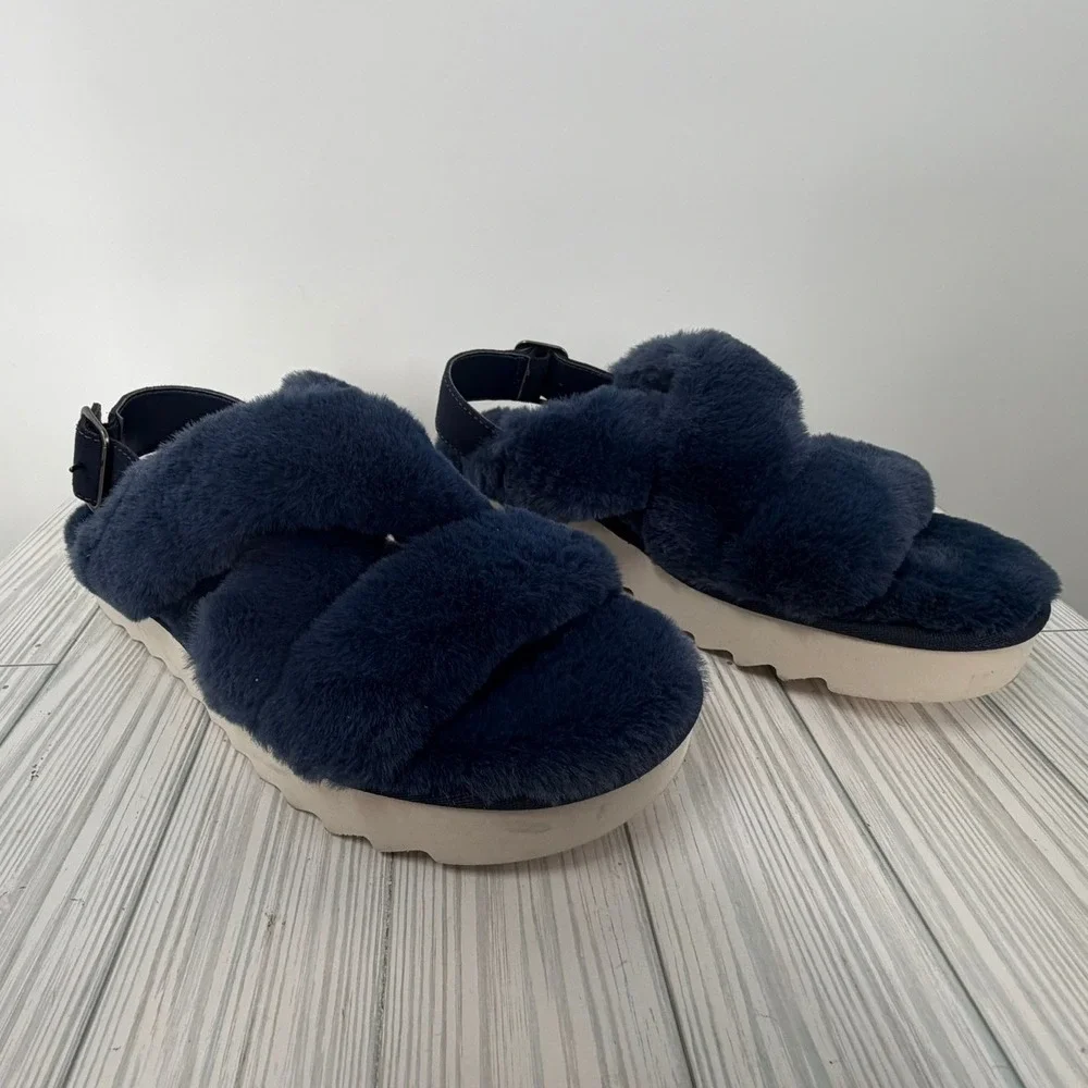 Koolaburra by‎ UGG Furr-Ah Navy Blue Faux Fur Slingback Platform Sandals Size 9