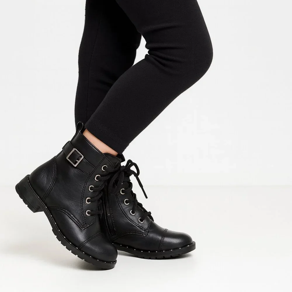 Kids‎ Black Combat Boots Side Zip Buckle Studded Sole Lace Up Size 12