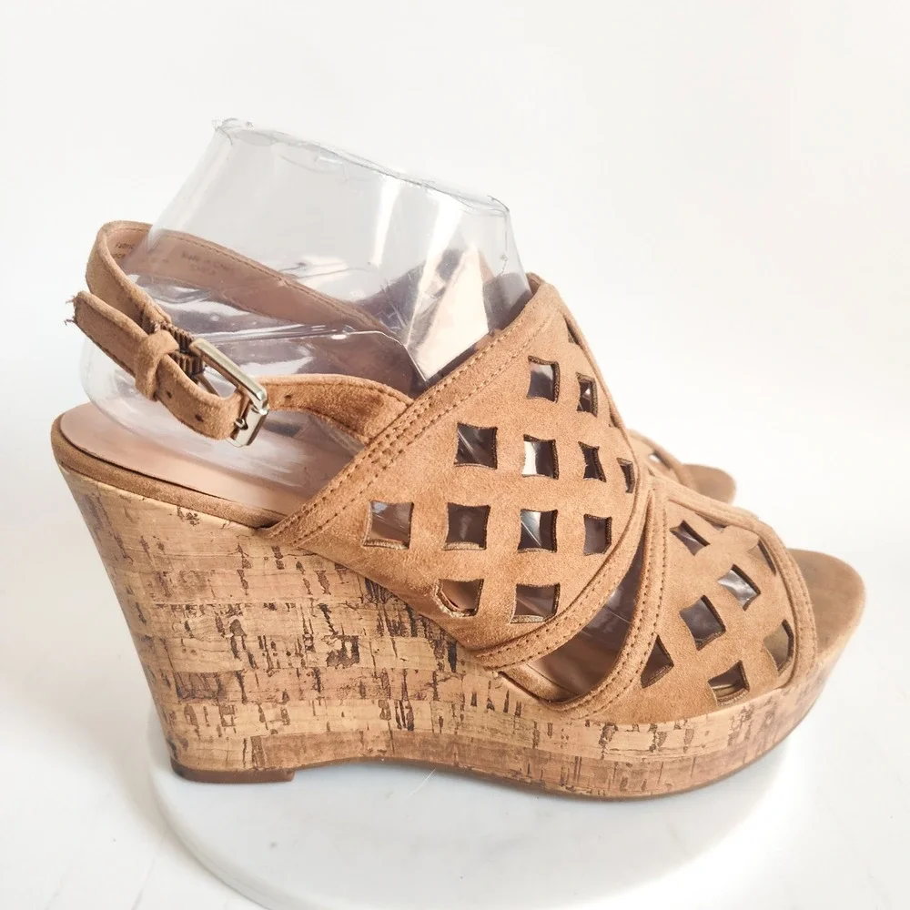 Franco Sarto Sandals Size 9.5 Wedge Platform‎ Shea Tan Faux Suede Laser Cut Cork