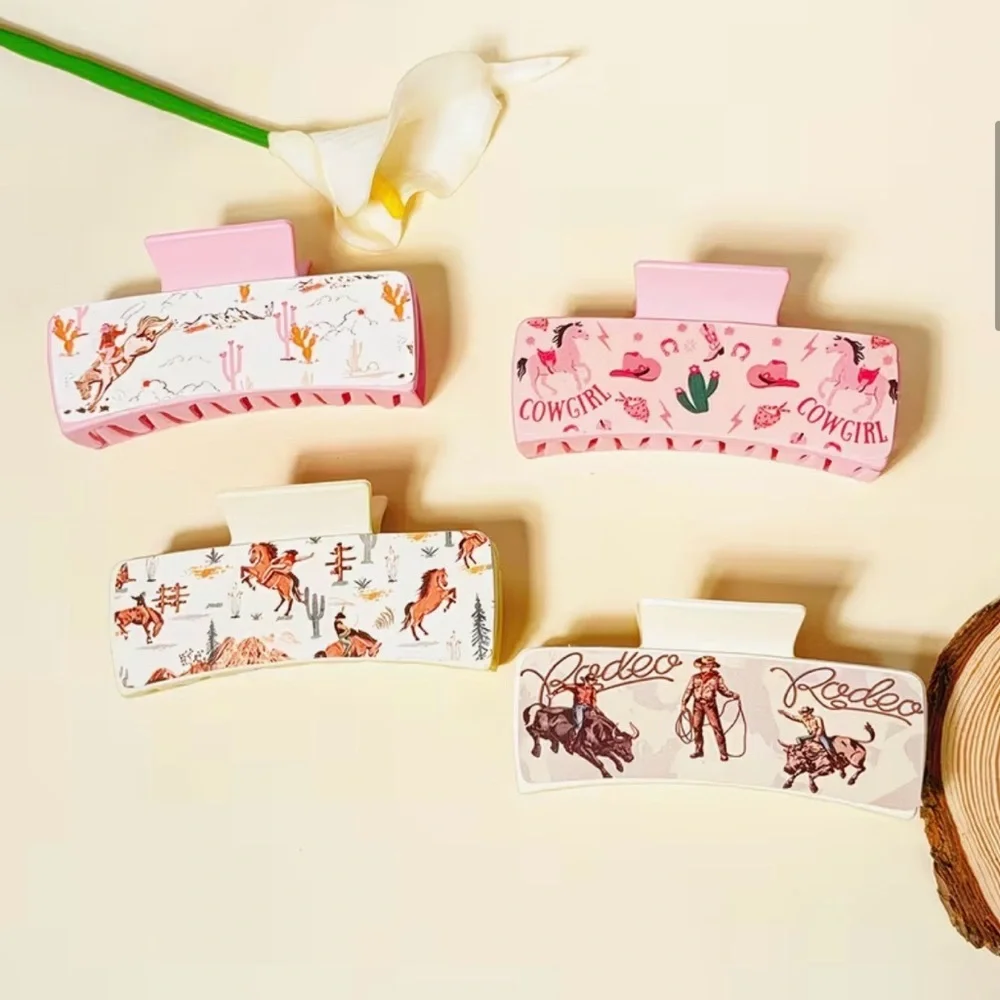 Western Cowgirl Rodeo Hair Claw‎ Clips Set of 4 - Pink and Cream