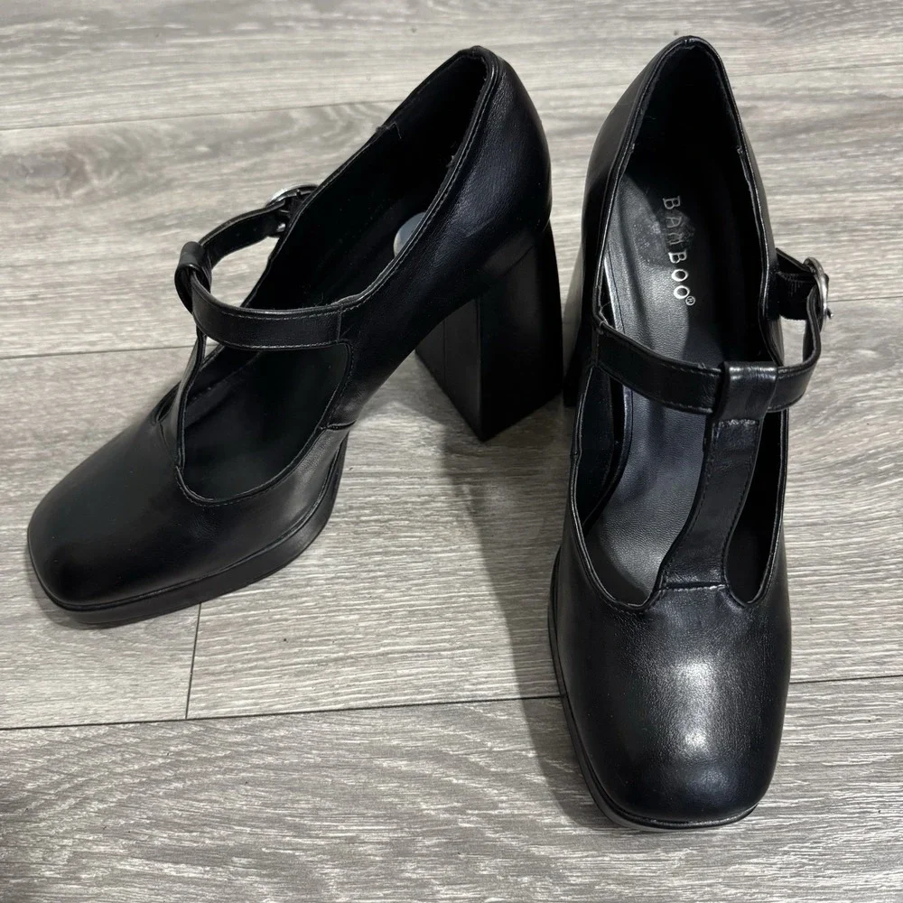 BAMBOO Black Academia Platform‎ Mary Jane Pumps Chucky Heel 9 Faux Leather Y2K
