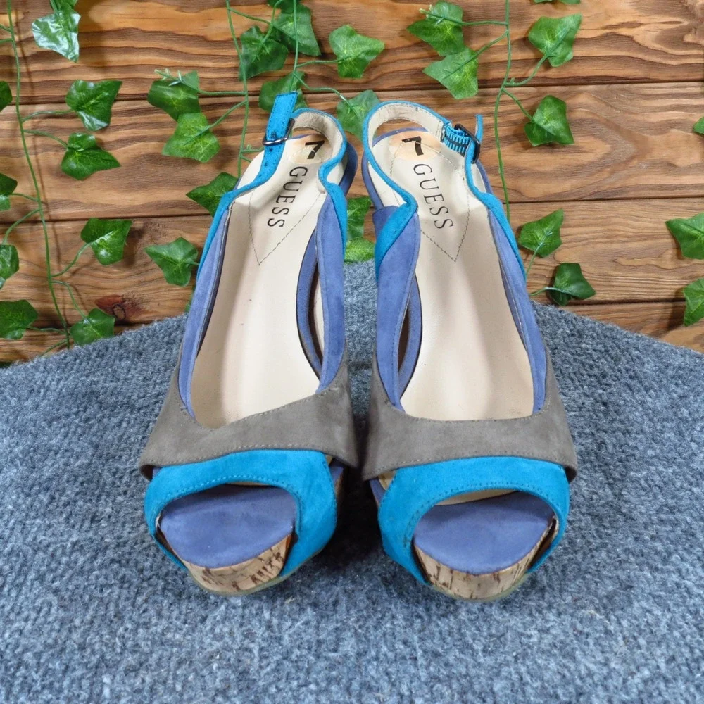 Guess Ruby‎ 2 Women Platform Sandal Size 7 Party Wedding Blue Grey Textile Heel