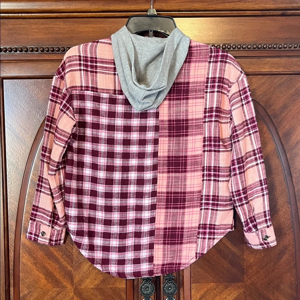 Justice Plaid Button Down Shirt - Pink and Burgundy