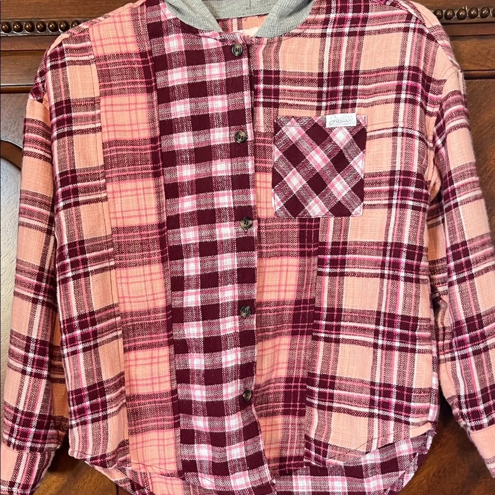 Justice Plaid Button Down Shirt - Pink and Burgundy