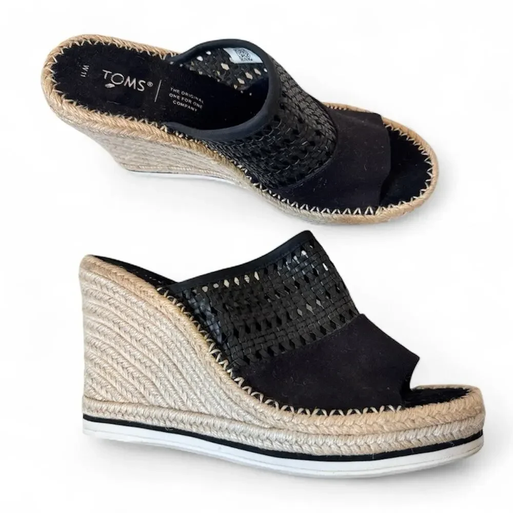 Toms Black Leather Peep Toe Espadrille Wedge Sandals Womens 11 Beachy Summer
