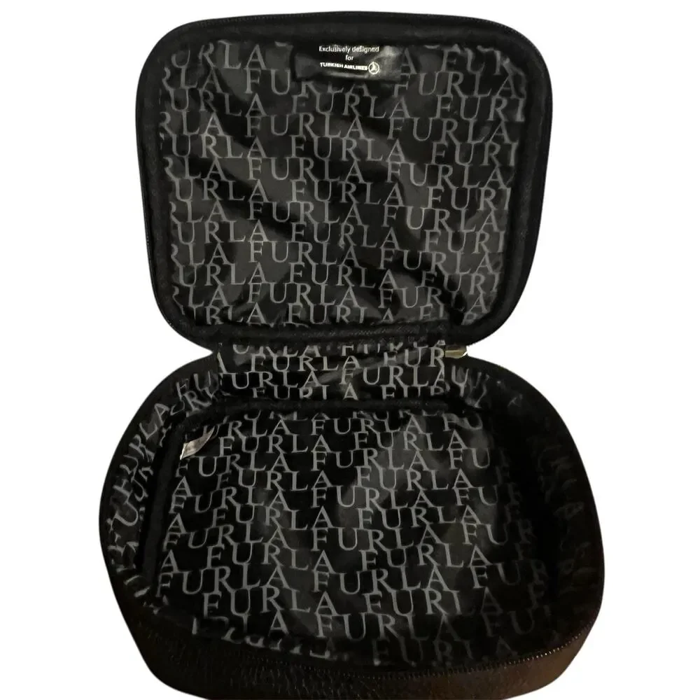 Furla Pebbled Leather Black Zip Bag Turkish Airlines First Class Travel Pouch