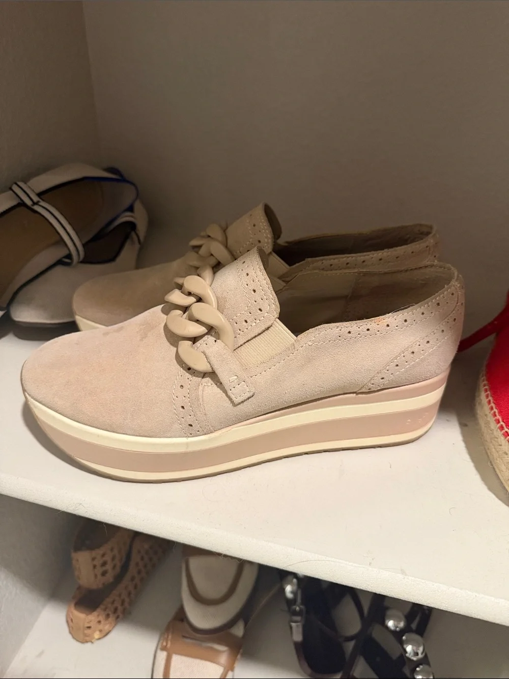 Dolce vita Neutral Beige Suede Platform Slip-On Loafers with Chain Detail
