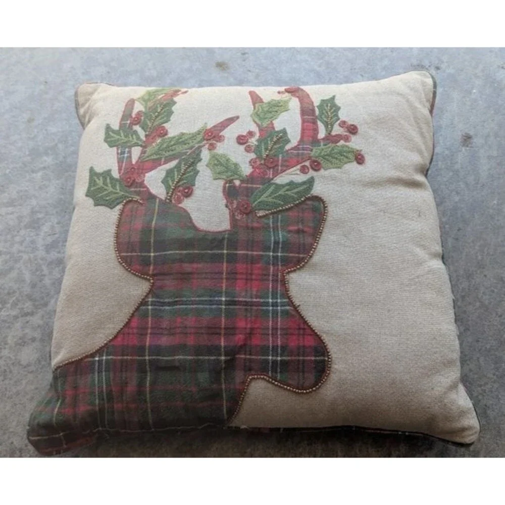 Pier One Imports Christmas Plaid Reindeer Tossed Pillow 17 X 17