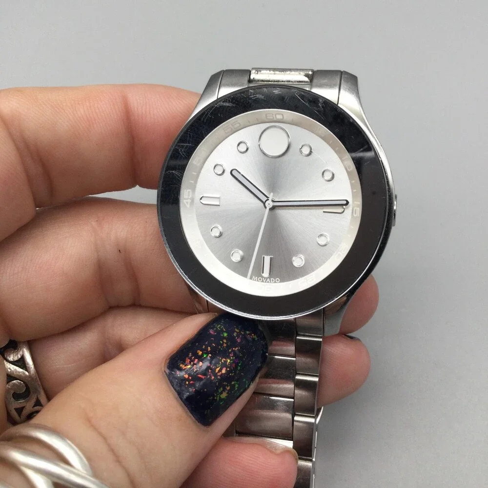 Movado Bold Womens Watch 36mm Silver Tone Black Bezel New Battery 7.25