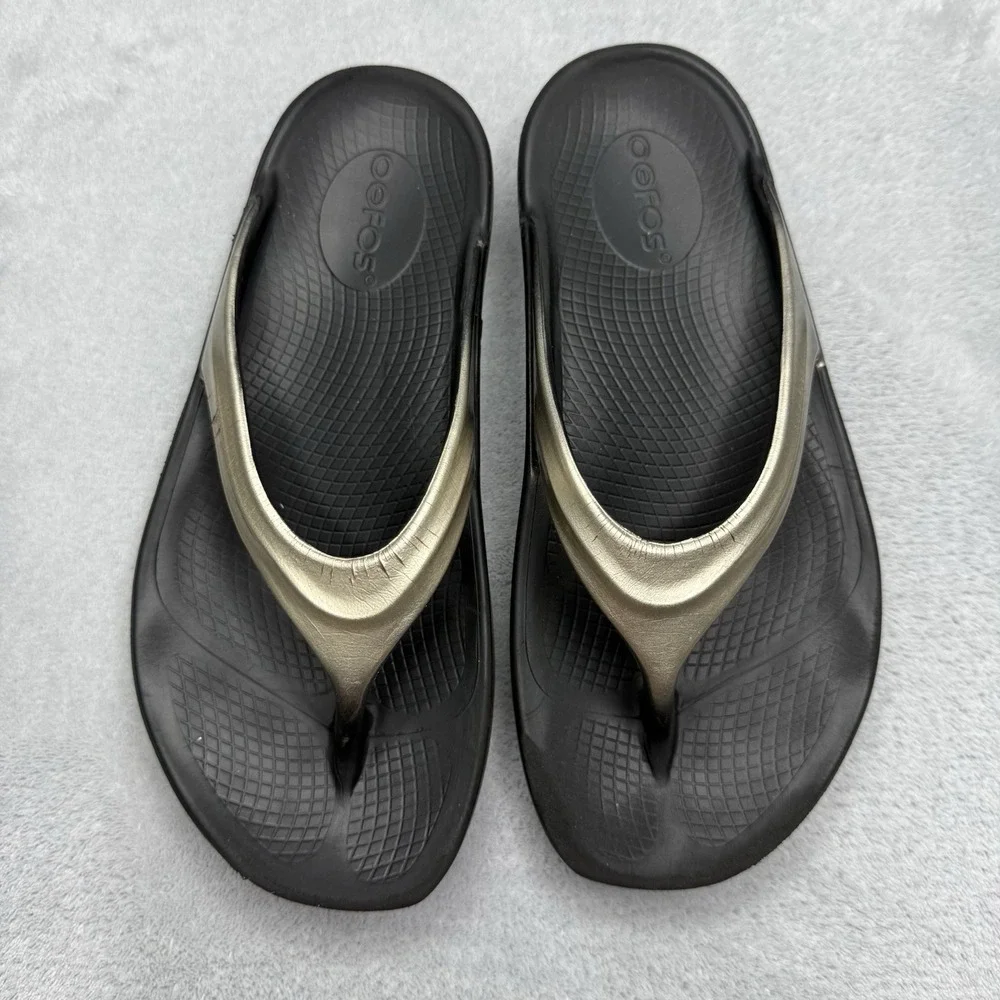 OOFOS OOlala Sandals Women's 6 Black Gold Metallic Recovery Flip Flops EU 37