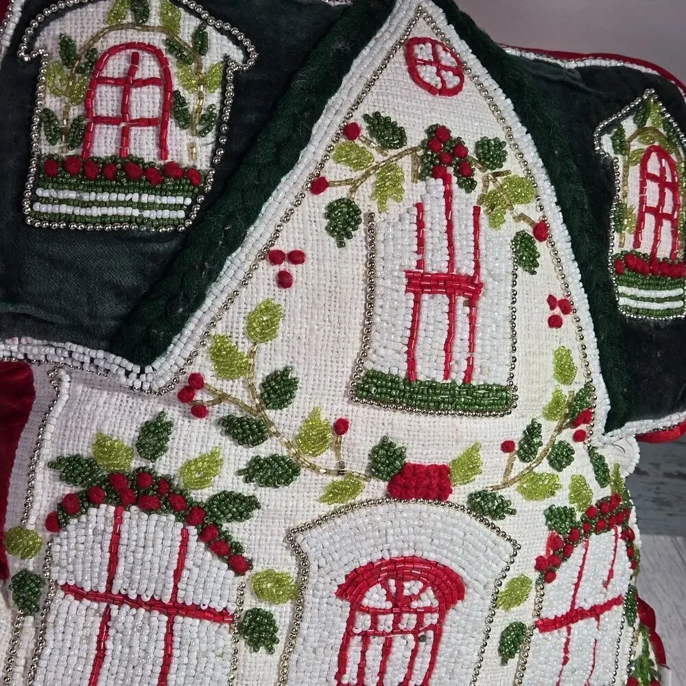 Christmas Gingerbread House Beaded Pillow NWT Red Green White Holiday Novogratz