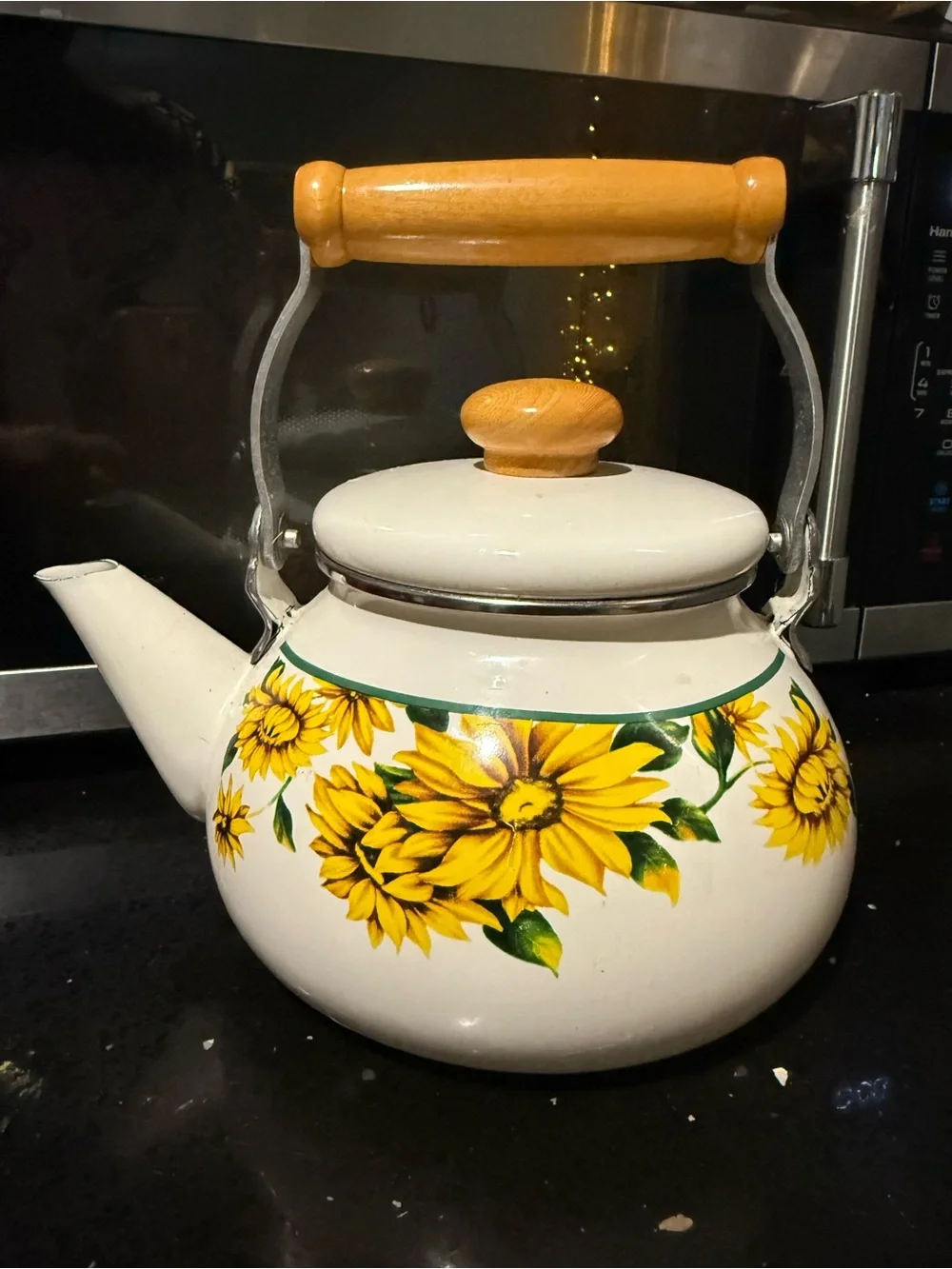 Enamel Sunflower Teapot with Wooden Handle