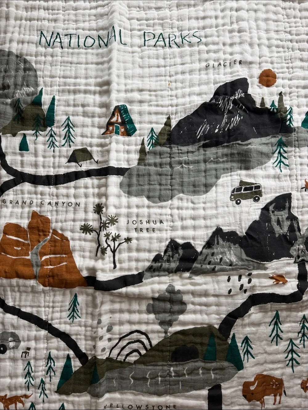 National Parks Quilted Throw - White with Green and Brown Accents Baby nursery