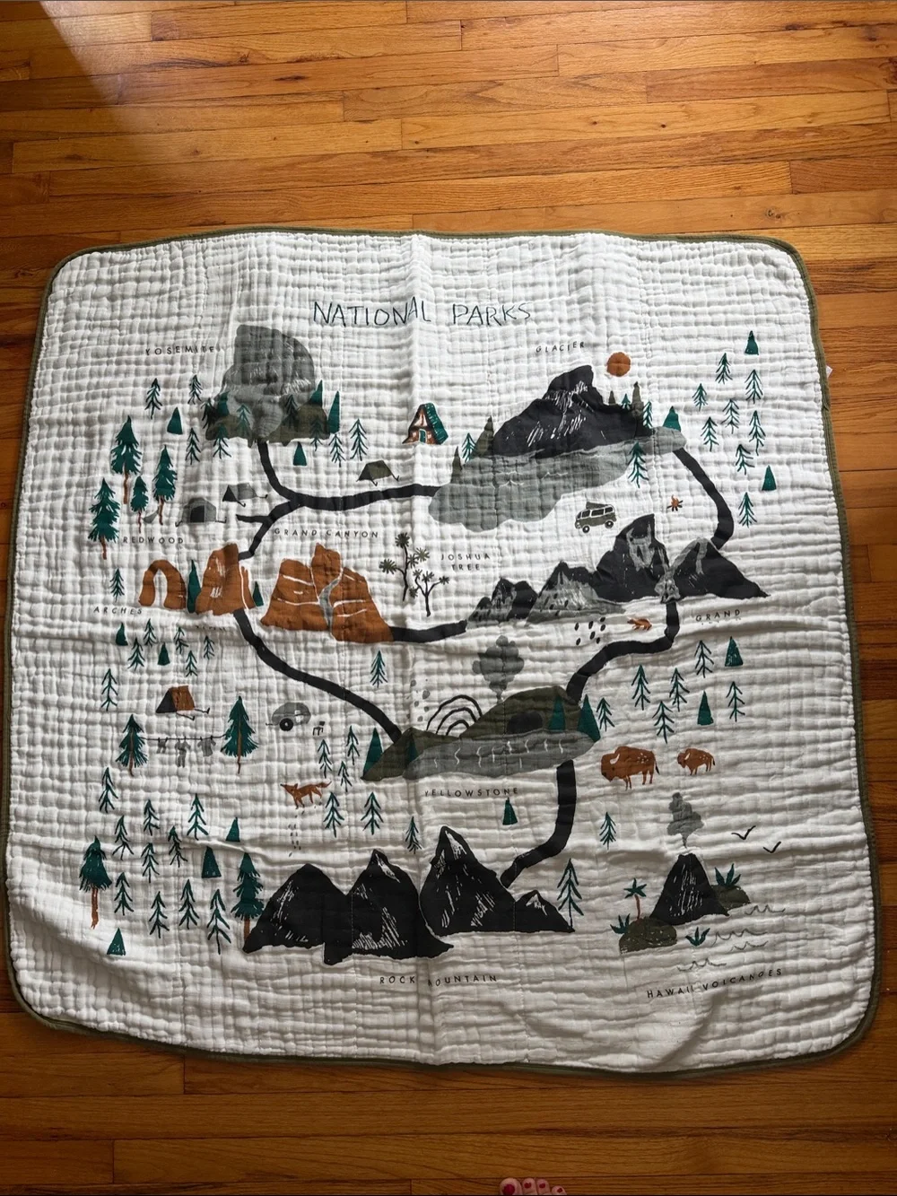 National Parks Quilted Throw - White with Green and Brown Accents Baby nursery