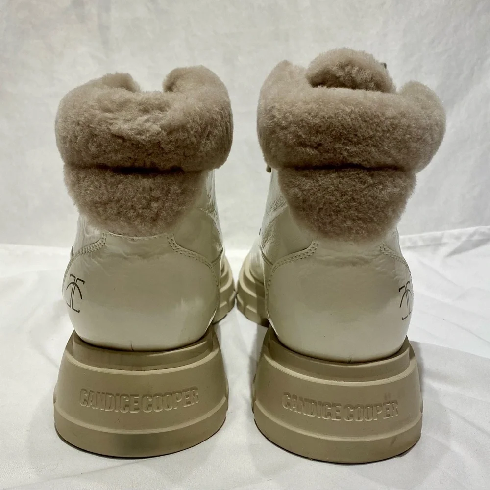 Candice Cooper Chado Patent Leather and Shearling Boots in White, size 10.5 - 11