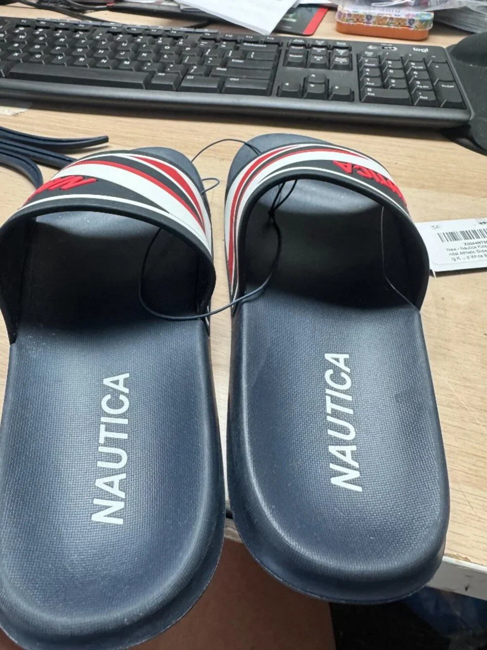 NAUTICA EMBOSSED STRIPED LOGO SLIDE SANDAL NEW NAUTICA HANI - RED WHITE BLUE