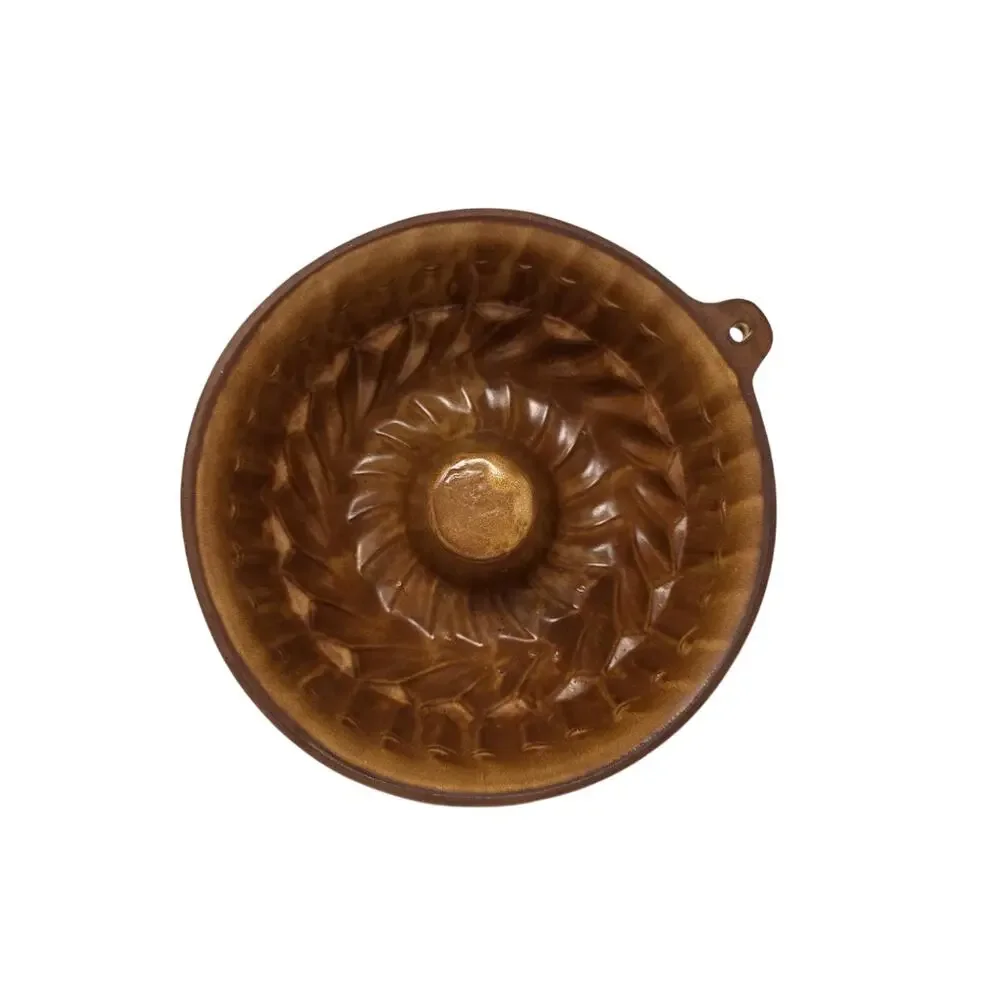 Vintage Stoneware Kugelhopf Mold Brown Glazed Ceramic Bundt Cake Pan 9.5