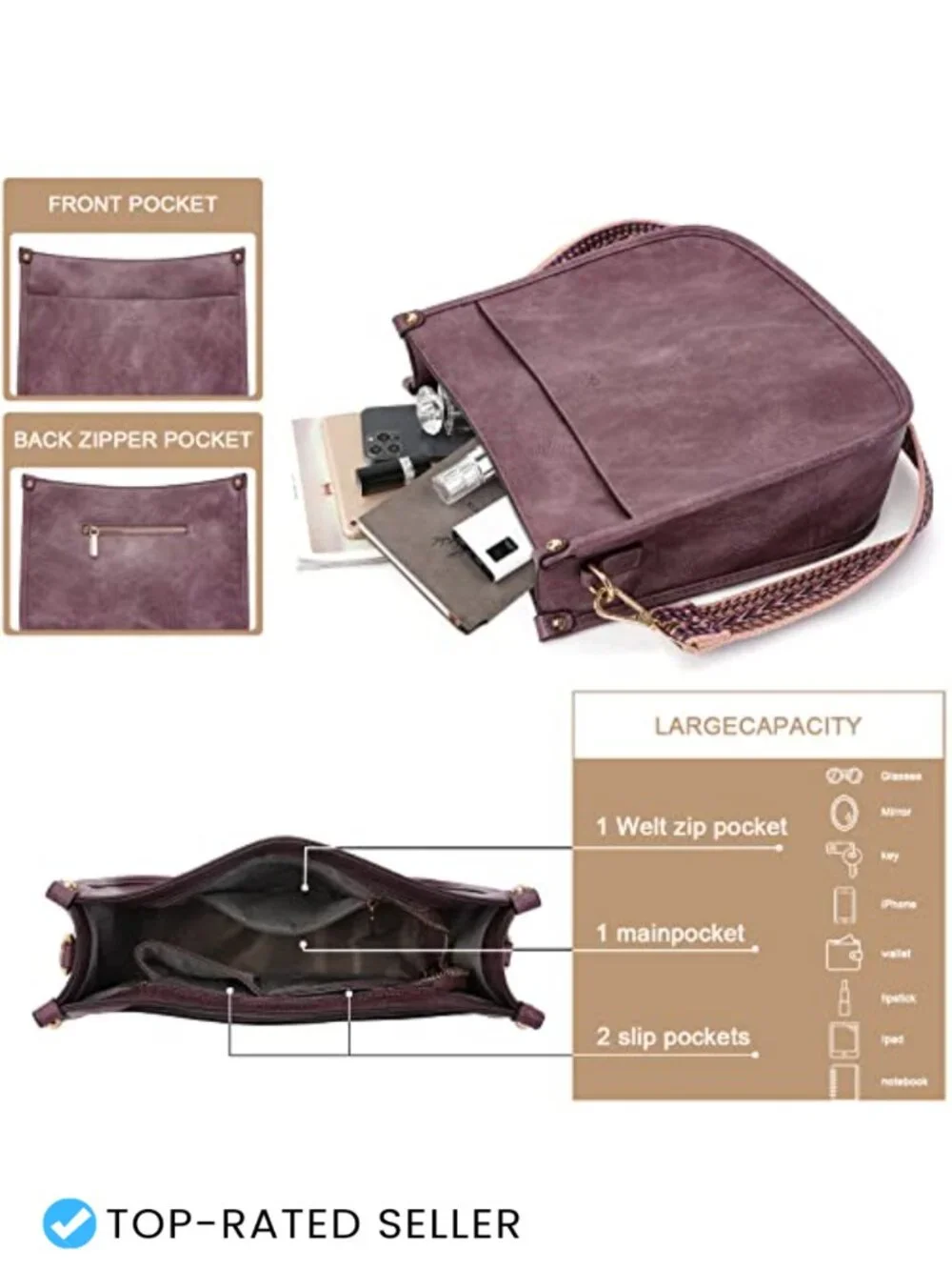 Vegan Leather Hobo Crossbody Bag with 2 Adjustable Straps