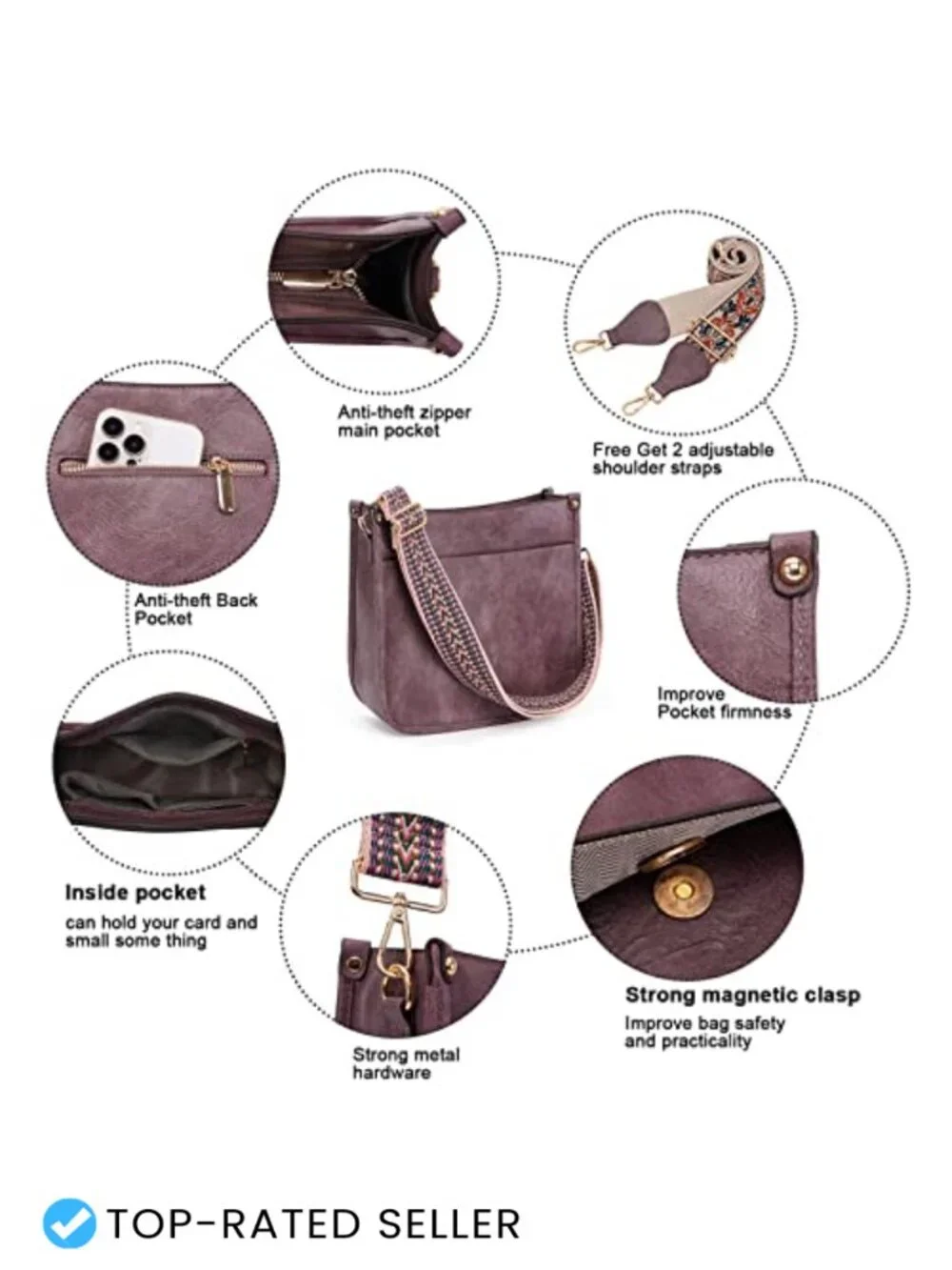 Vegan Leather Hobo Crossbody Bag with 2 Adjustable Straps