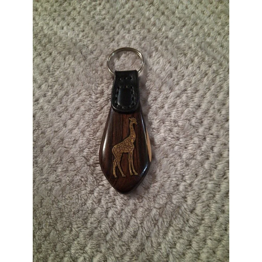 JB ART CRAFT Carved African Blackwood Brass Giraffe Inlay Keyring Gift Present
