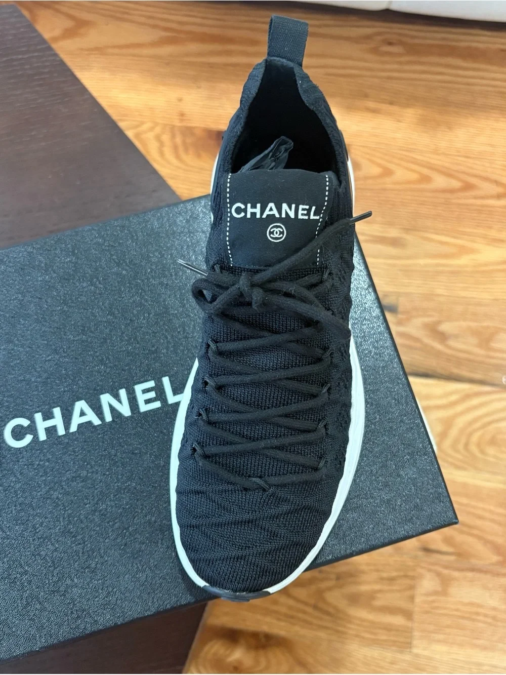 CHANEL Black Knit Lace-Up Low-Top Sneakers with White Midsole
