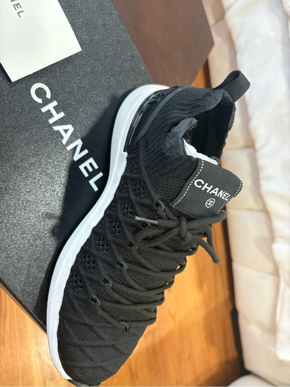 CHANEL Black Knit Lace-Up Low-Top Sneakers with White Midsole