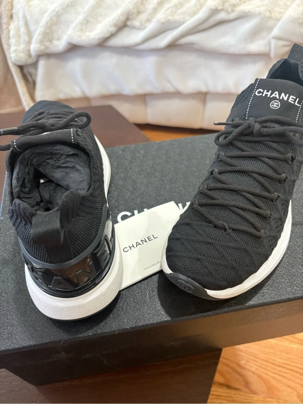 CHANEL Black Knit Lace-Up Low-Top Sneakers with White Midsole
