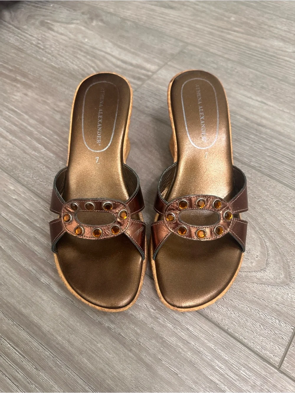 Athena Alexander Bronze Metallic Wedge Slide Sandals with Amber Accents