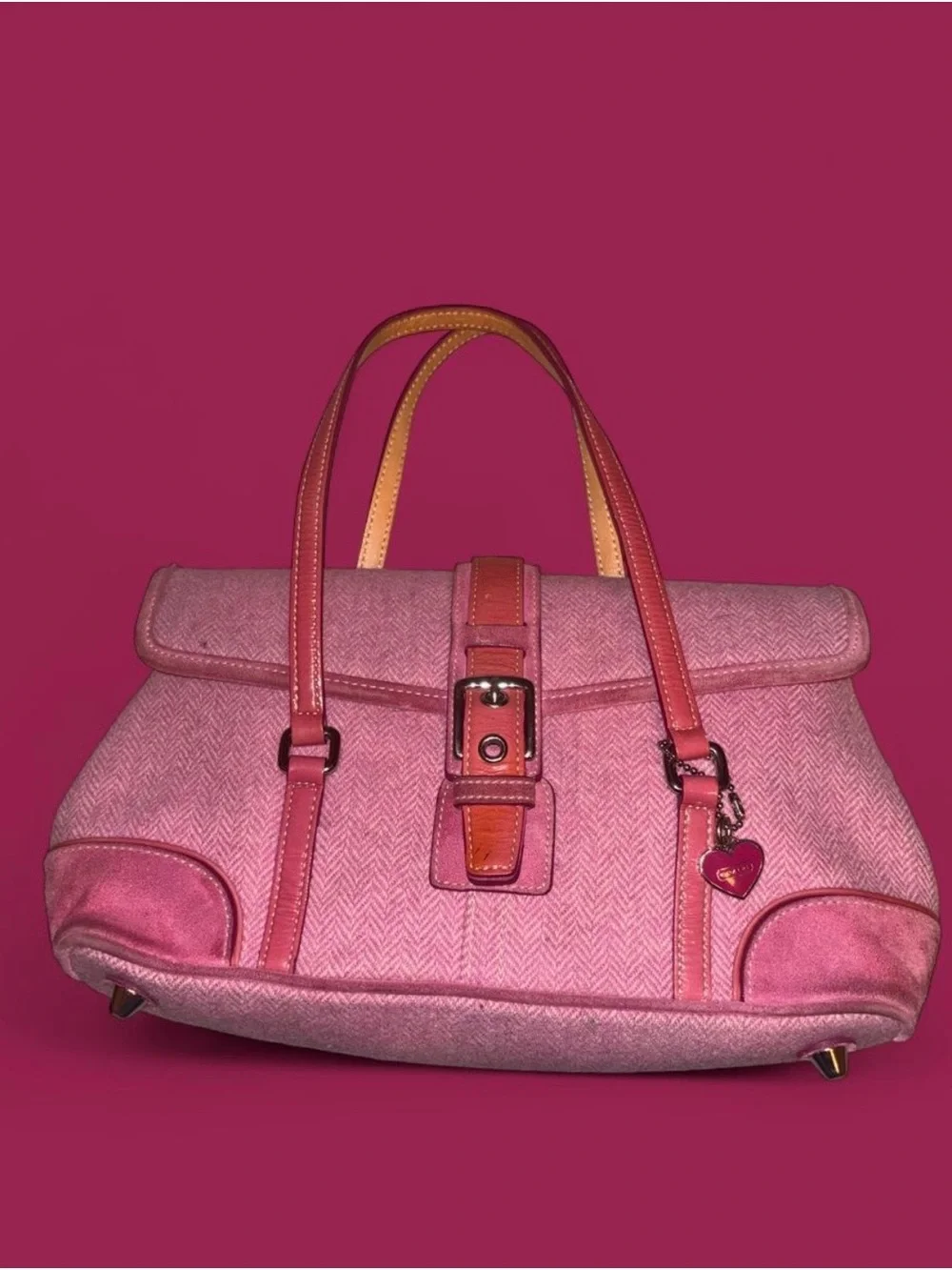 Coach Pink Suede Shoulder Bag with Heart Charm
