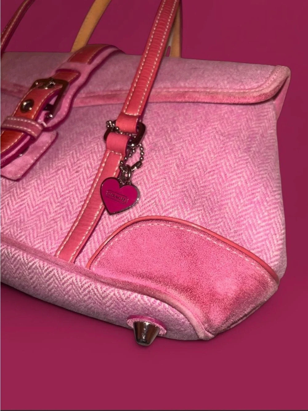 Coach Pink Suede Shoulder Bag with Heart Charm