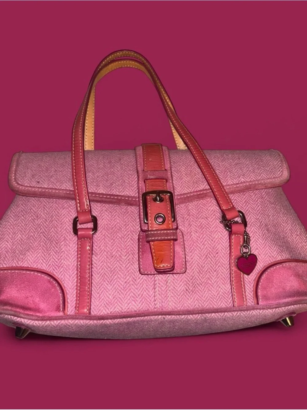 Coach Pink Suede Shoulder Bag with Heart Charm