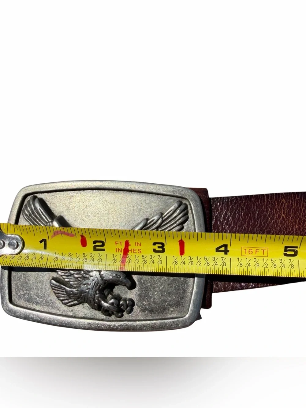 VINTAGE FOSSIL LEATHER BELT ANTIQUED PEWTER EAGLE BUCKLE BROWN 33-42” MEN