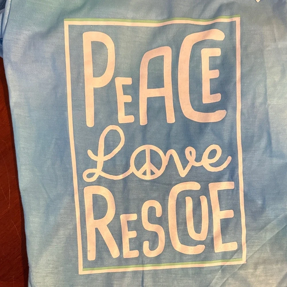 Blue dog Shirt with Peace Love Rescue Design. Size Large