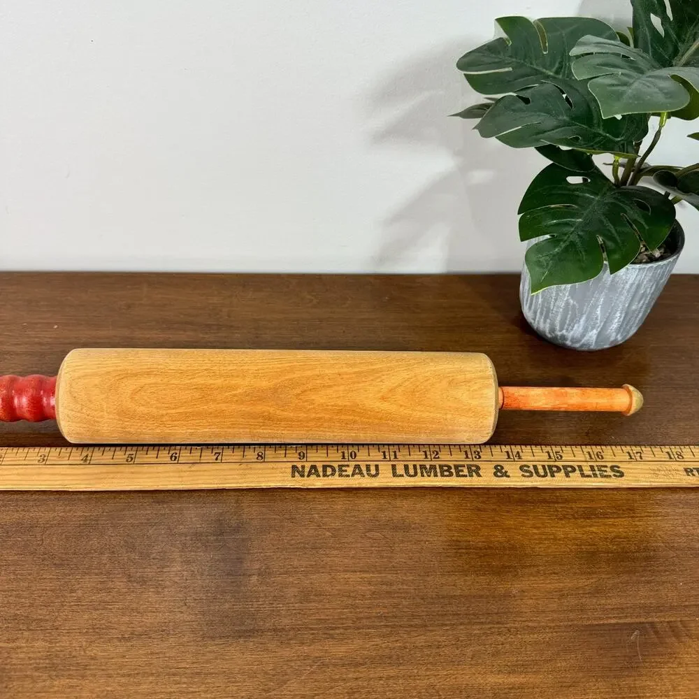 Vintage Wooden Rolling Pin Primitive Farmhouse Wood with Red Handles 17