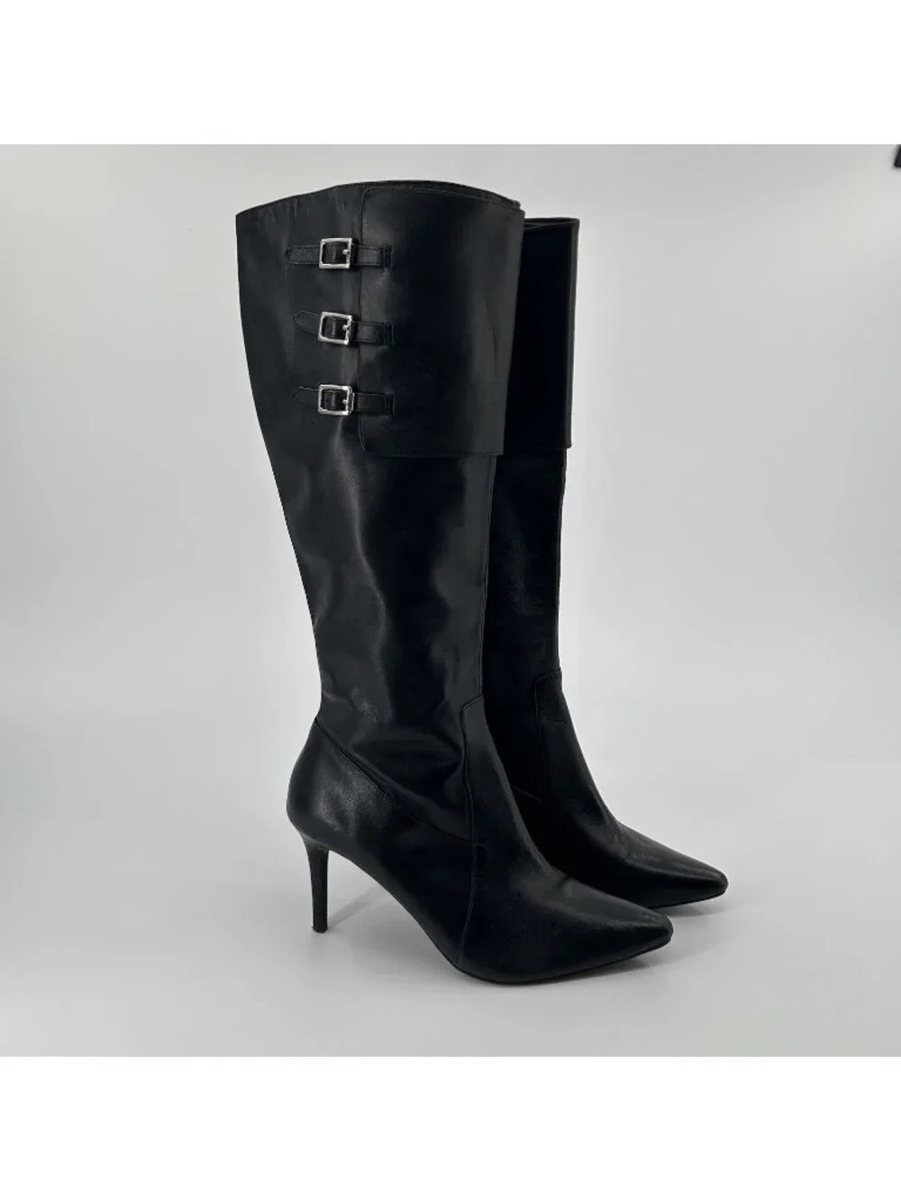Ralph Lauren Jennison Boots 7.5B Leather Pointed Toe Stiletto Knee High Buckle
