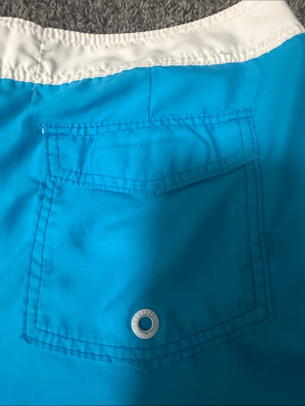 Vintage Hollister Men's Bright Turquoise Swim Board Shorts with White Waistband